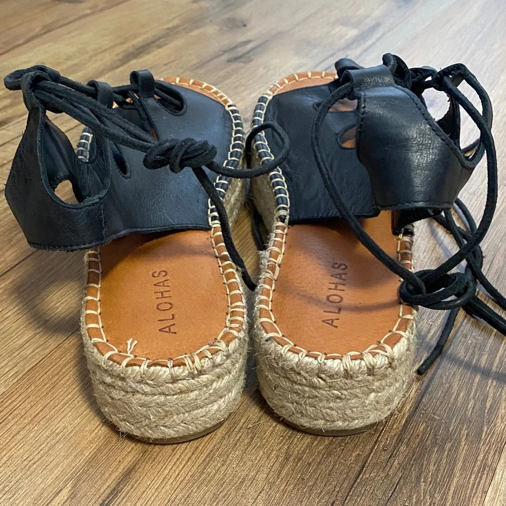 Alohas Black Leather Lace Up Platform Sandals Made in Spain Size 40/US 9